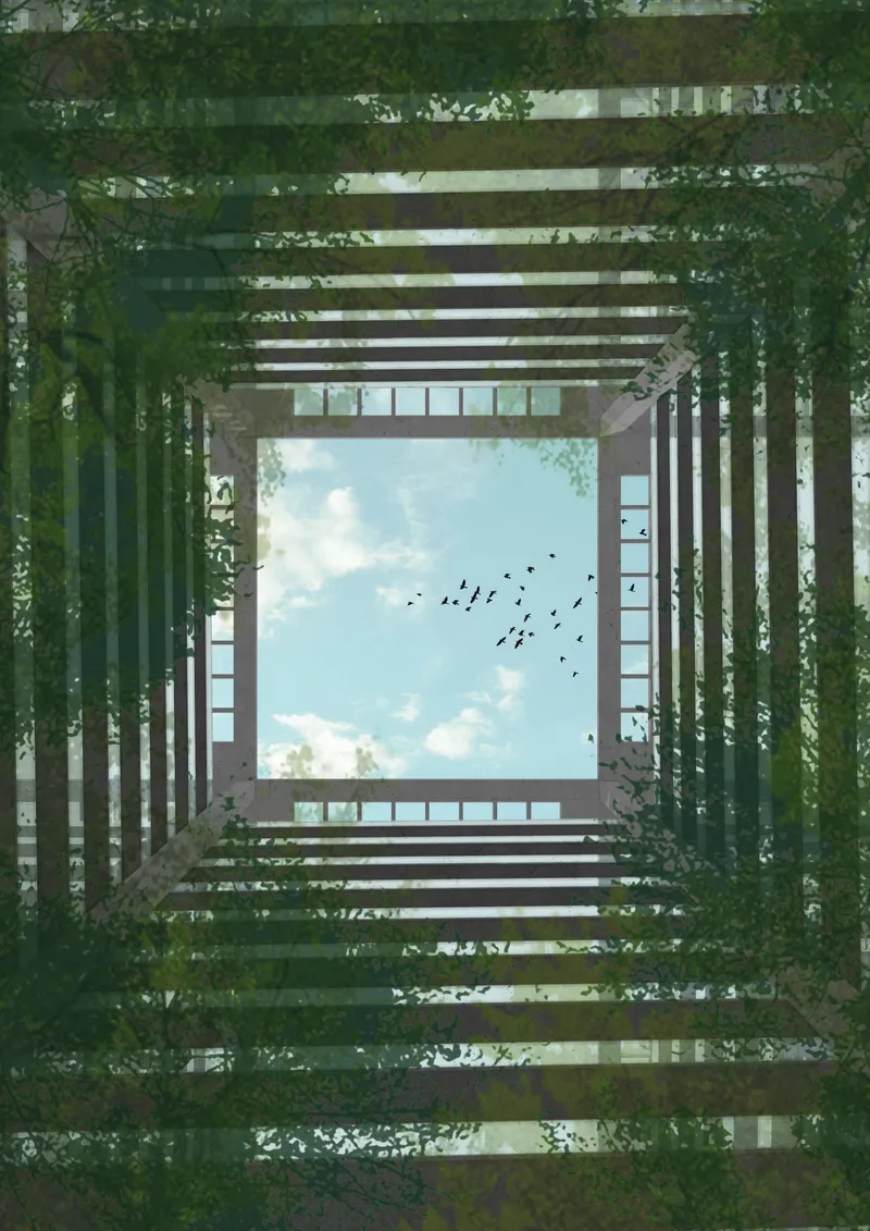 Upward view through a square courtyard opening framed by layered horizontal beams and dense foliage with birds overhead
