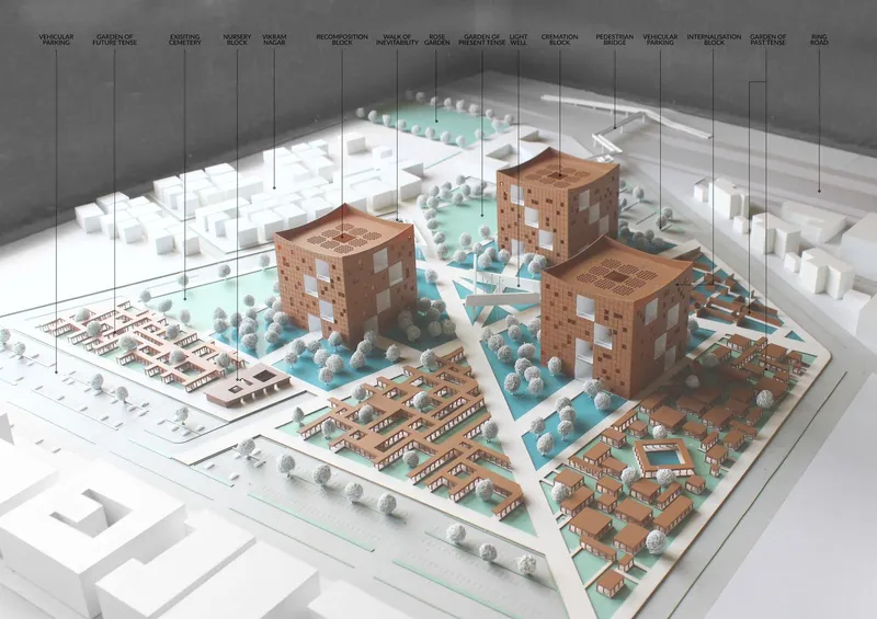 Physical model showing three chequered towers surrounded by low-rise structures and trees arranged along diagonal pedestrian routes