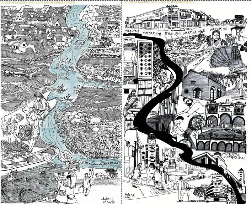 Illustrated elevation drawing split by a black river showing historical and urban scenes in line art with watercolor