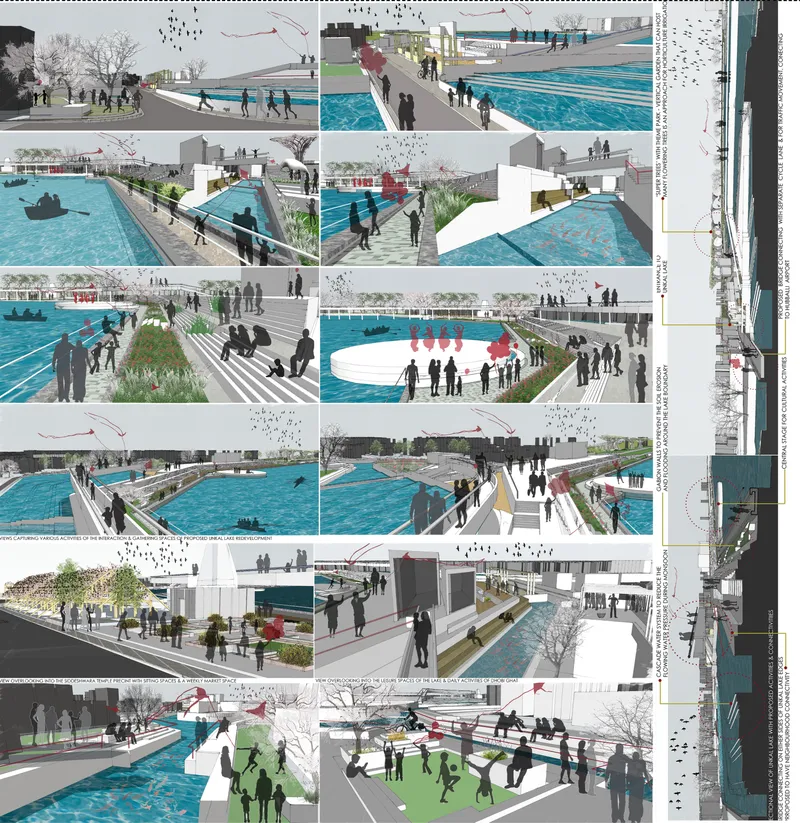 Rendered perspective studies showing waterfront promenades with pedestrians, stepped terraces and trees along a canal