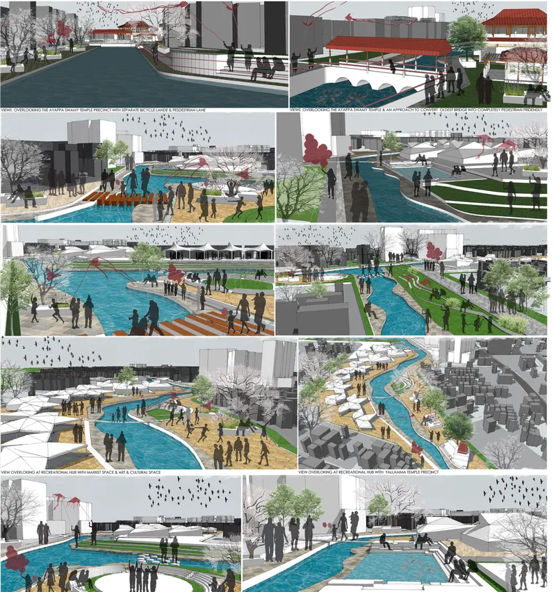 Digital renderings of riverside public spaces with timber decks, planted edges and people gathering near the water