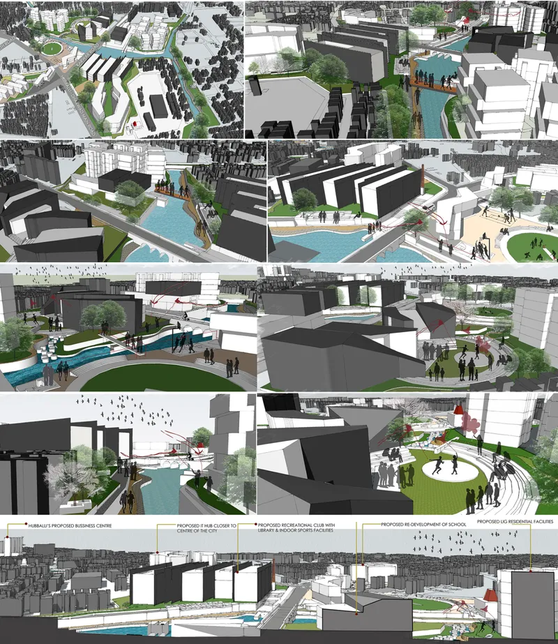 Three-dimensional massing studies showing aerial views of proposed buildings, waterways and landscaped public spaces