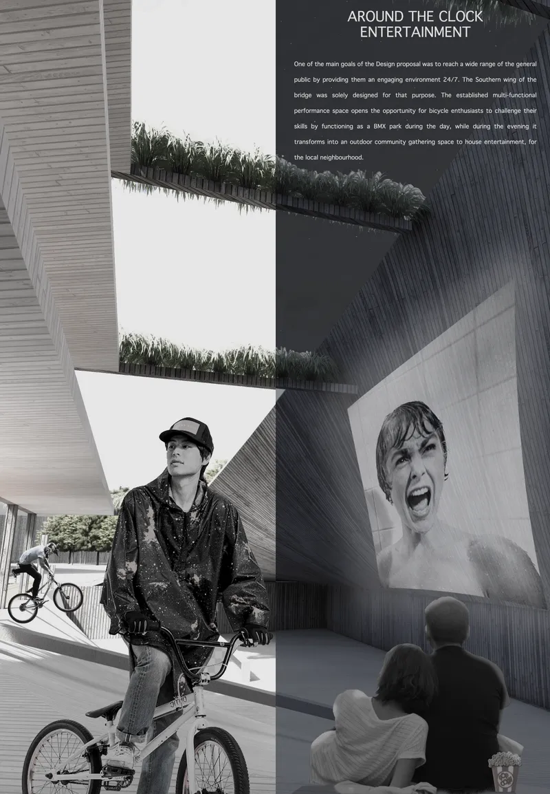 Cantilevered volume with planted terraces and outdoor cinema screen beneath shaded overhang