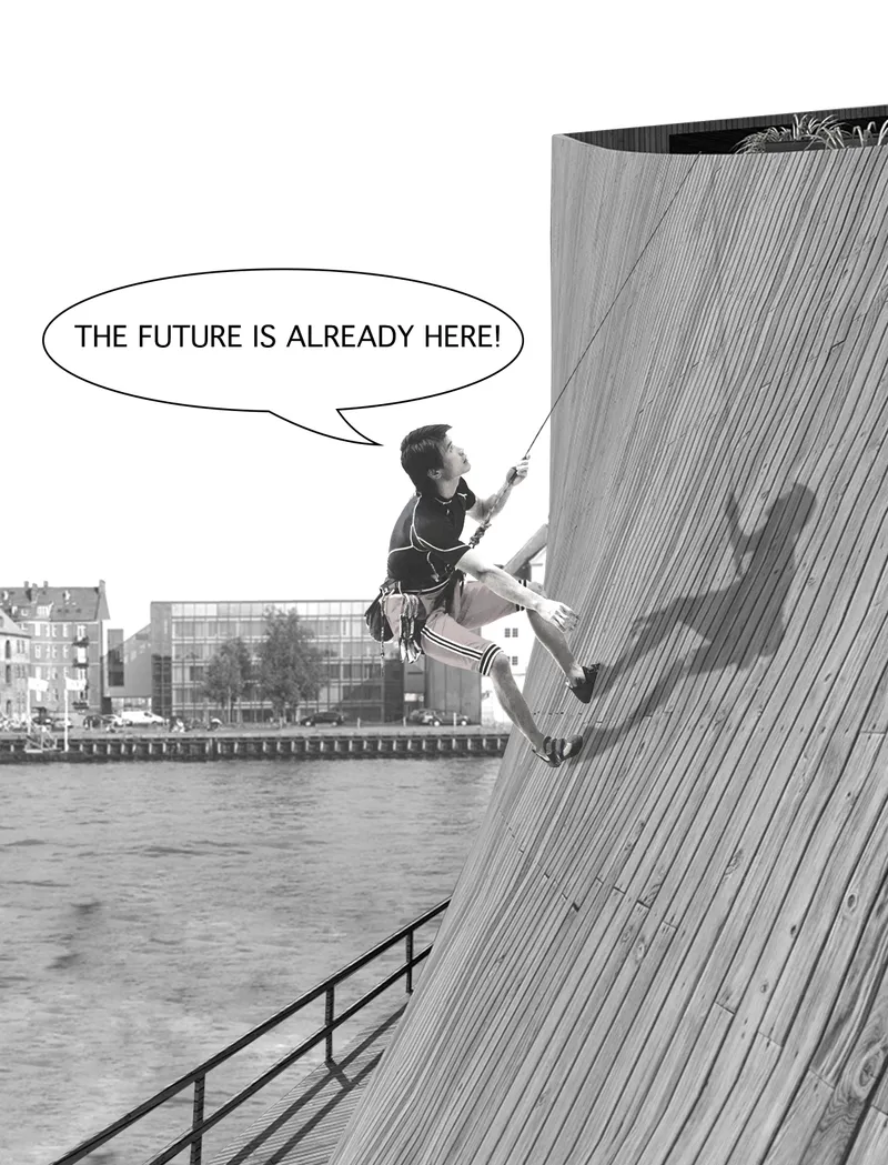 Diagonal timber-clad facade rising from waterfront with climber scaling the surface