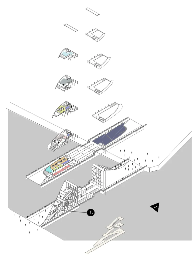 Exploded axonometric drawing showing layered roof structures and interior spaces with pool