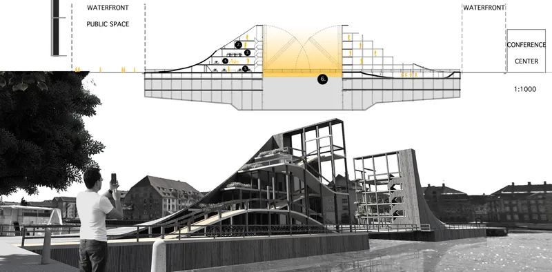 Section drawing through waterfront structure with curved roof and skeletal framework visible below