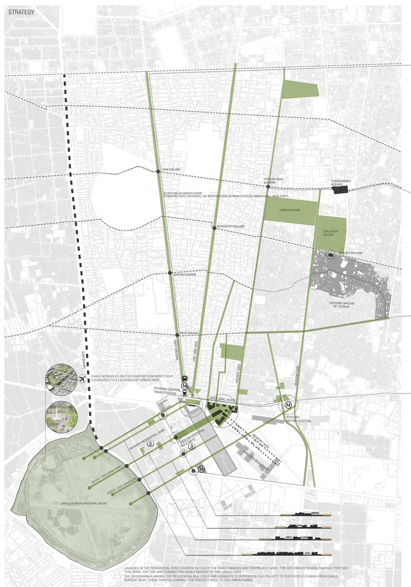 Site plan drawing showing diagonal green corridors converging on a central development zone within urban fabric