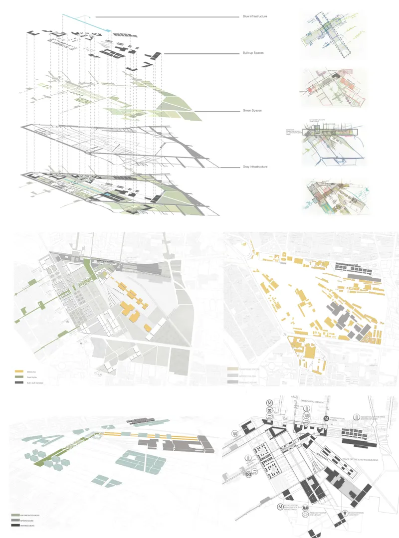 Composite drawing sheet with exploded axonometric layers, site plans and isometric massing studies in color