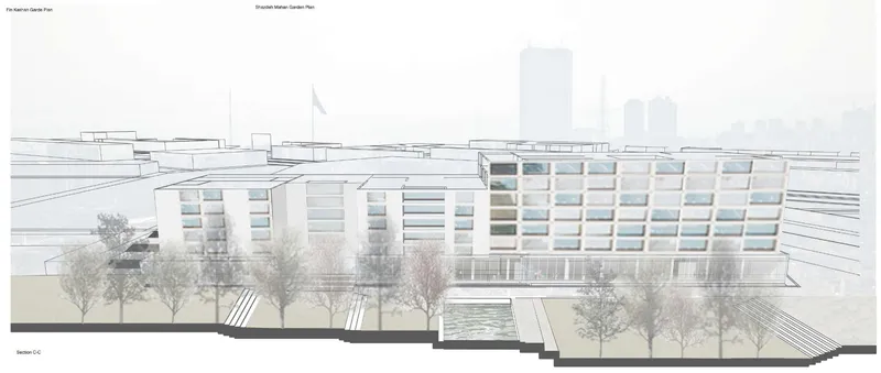 Section drawing through a terraced building with horizontal bands of fenestration and street trees in foreground