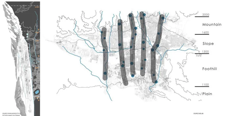 Diagram mapping linear vertical volumes across topography from mountain to plain with rivers and elevation zones