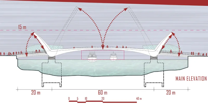 Elevation drawing of a tilting bridge structure with cable stays spanning over water