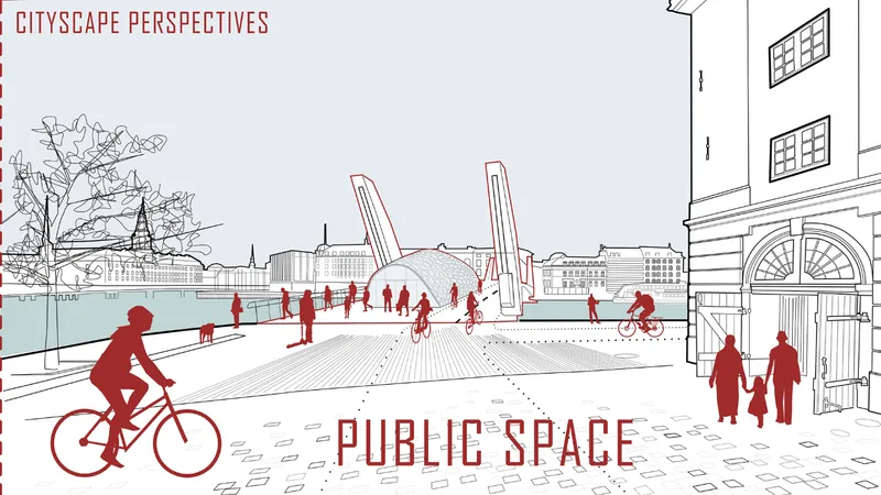 Perspective sketch showing a public plaza with cyclists, pedestrians and an open bridge beyond