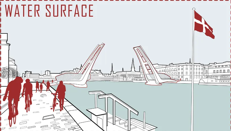 Perspective sketch of a waterfront promenade with pedestrians, a flag pole and tilted bridge pylons