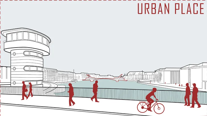 Perspective sketch depicting a waterfront plaza with pedestrians, a cyclist and a curved building