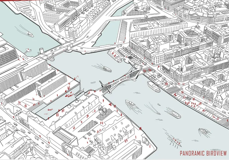 Axonometric drawing showing waterfront buildings, bridges, pedestrian figures and boats along a river