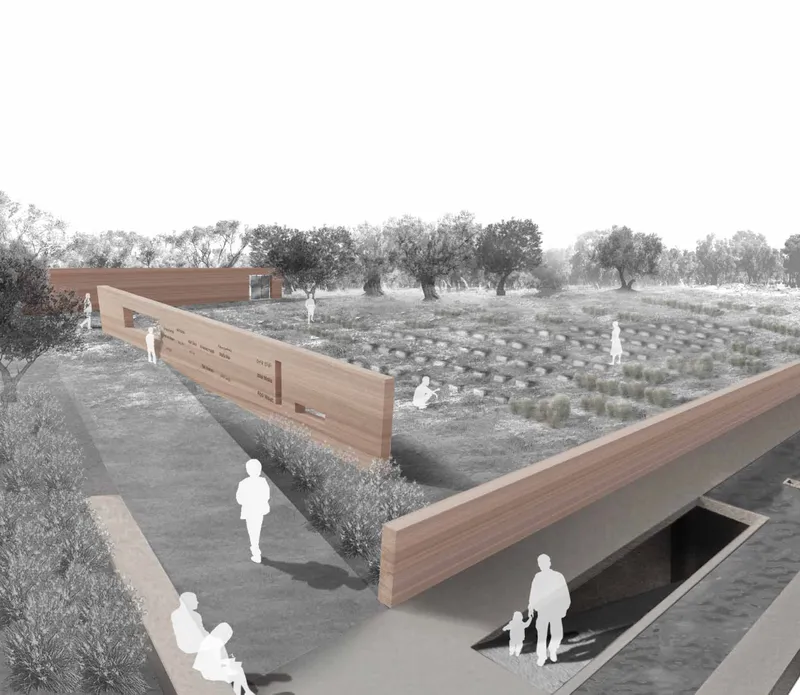 Perspective rendering of timber-clad walls framing a sunken courtyard with planting beds and figures beneath trees