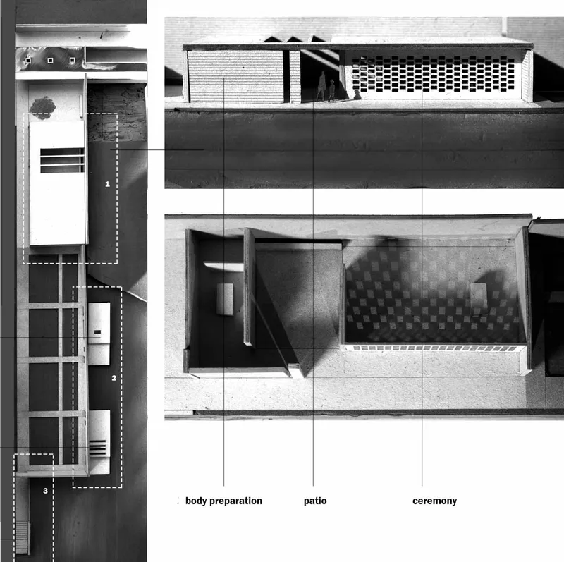 Composite drawing with plan and section showing spatial sequence through body preparation, patio, and ceremony areas