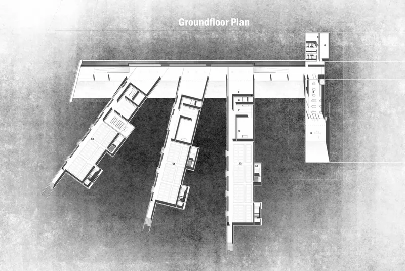 Ground floor plan drawing depicting angled wings extending from a horizontal bar with interior room divisions