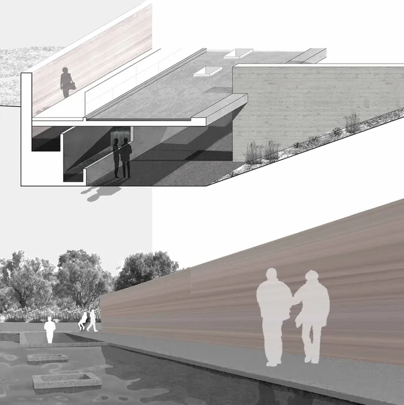 Section drawing showing sloped ramped pathways and underground spaces with scale figures and planted areas