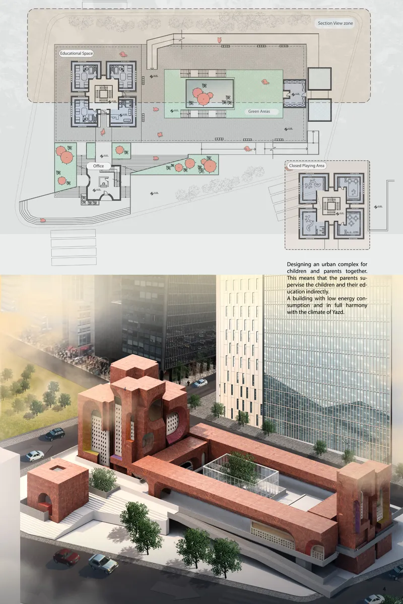 Site plan and aerial rendering showing the clustered red brick volumes around a central courtyard with trees