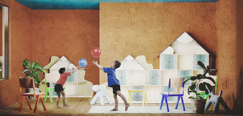 Two children playing with balls among white modular blocks and colorful chairs beneath a turquoise ceiling