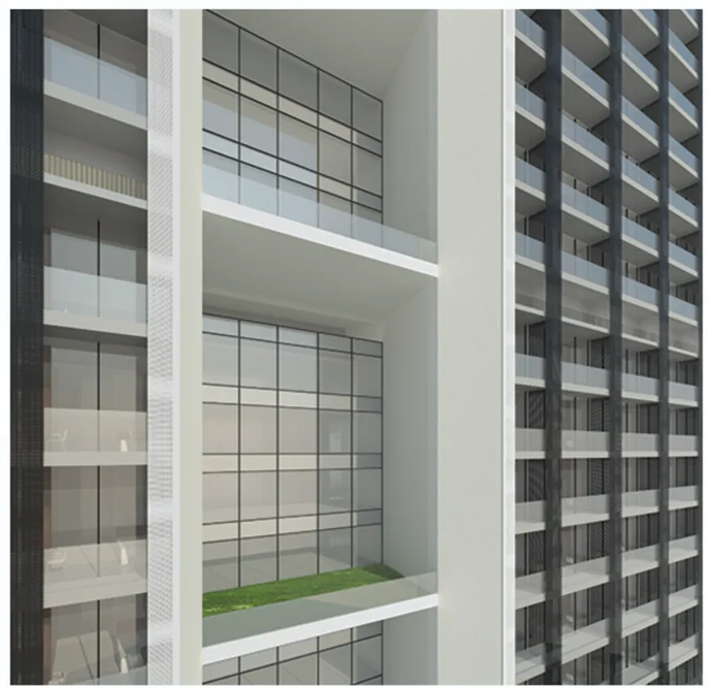 Close-up of the residential tower facade showing gridded glazing and a planted terrace between white balconies