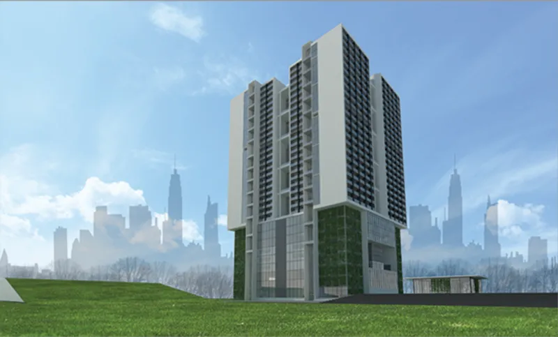 View of the residential tower with green walls at its base against a city skyline under scattered clouds