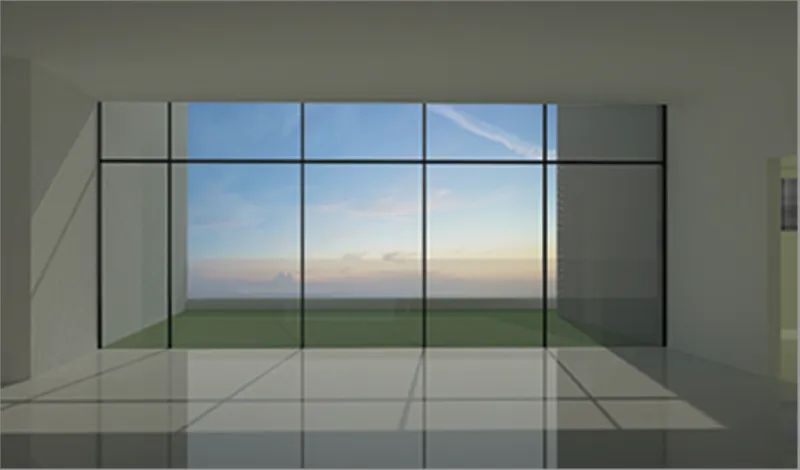 Interior view through floor-to-ceiling gridded glass walls overlooking an open landscape at dusk