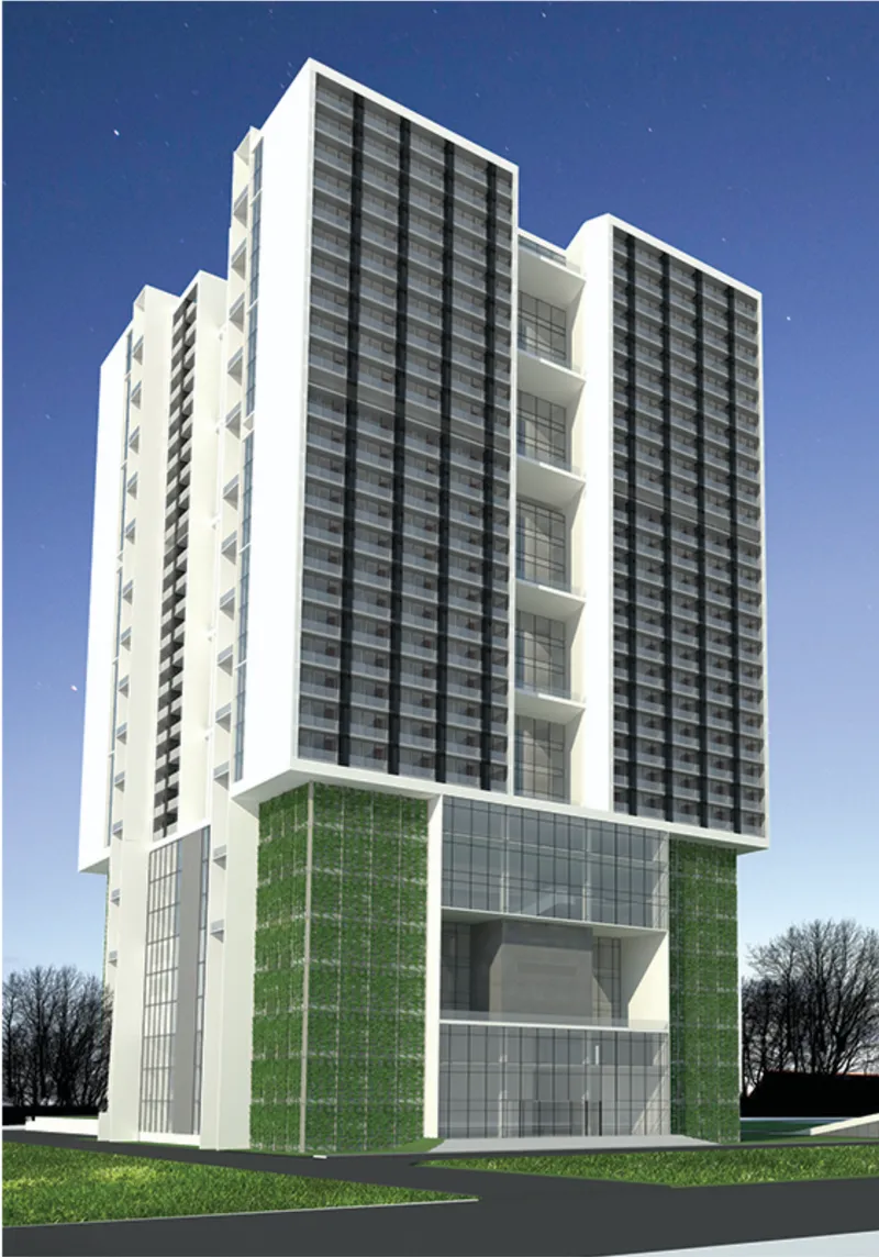 Front elevation of the twin-tower complex with planted walls flanking the podium under a clear blue sky