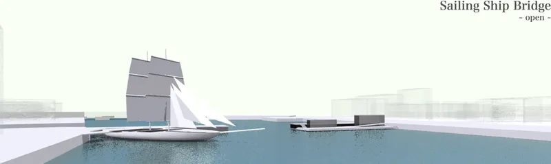 Three-dimensional rendering of a pedestrian bridge with sail-like tower spanning a harbor waterway