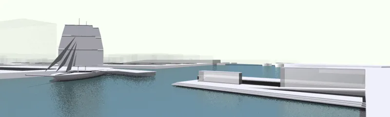 Angled view showing the cable-stayed bridge structure with tensioned supports extending from the mast