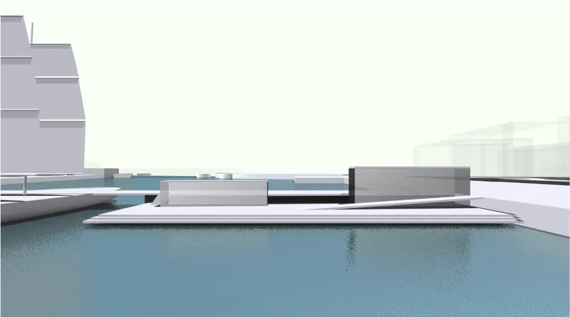 Side elevation rendering of the low-profile bridge deck with central pavilion over calm water