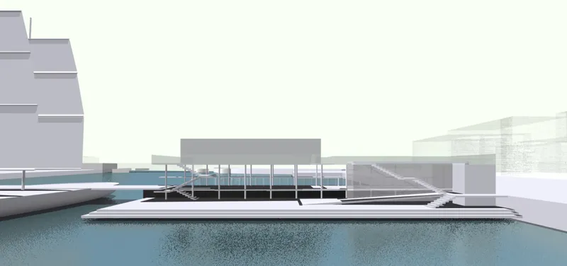 Long view of the floating bridge platform with glass-walled pavilion and adjacent staircase