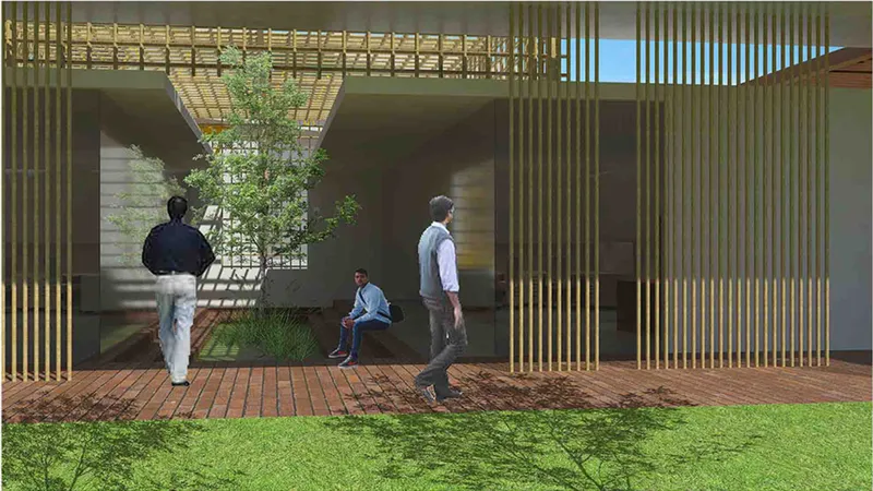 Rendering of a covered walkway with vertical timber slats and a courtyard tree with visitors passing through