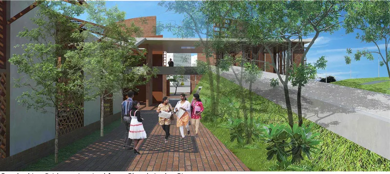 Rendering of an entry path with brick paving and planted trees leading to buildings with visitors approaching