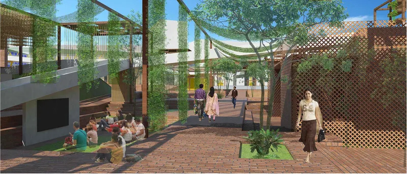Rendering of a courtyard with diagonal lattice screen walls and children seated on grass beside a pathway