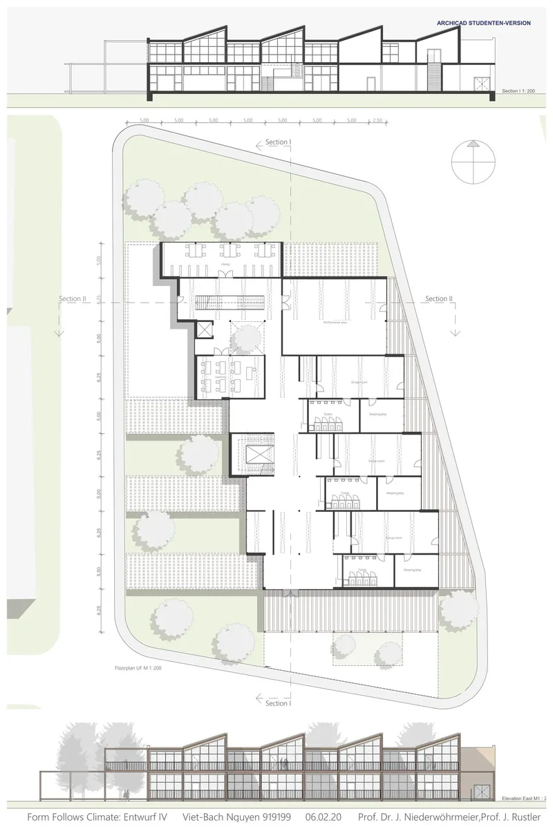 Site plan and section drawings showing the building layout with sawtooth roof profiles and surrounding landscape