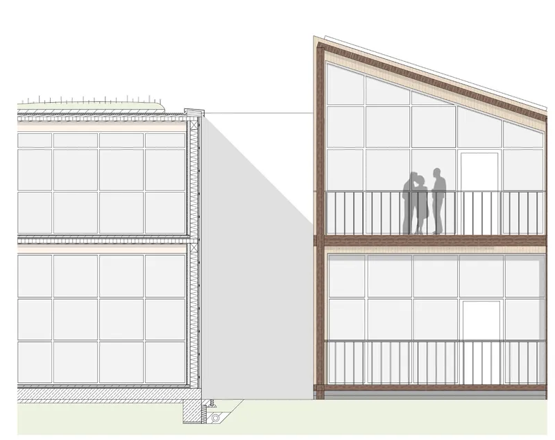 Section drawing showing sloped glazed facade with balcony railing and two figures standing inside