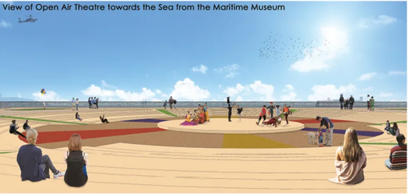 Rendering of circular amphitheater seating area with colored bands facing the ocean under scattered clouds