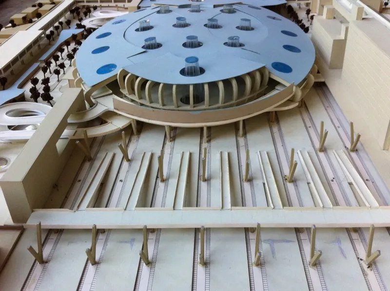 Physical model detail of the circular domed roof with skylights and radiating column structure
