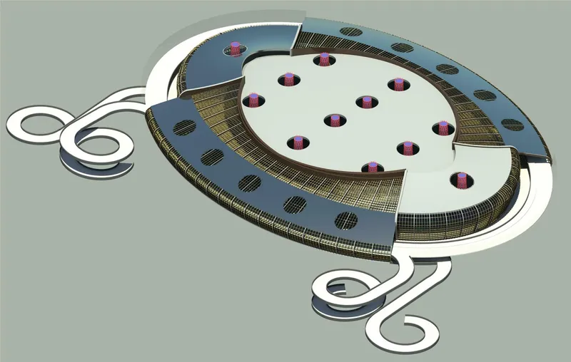 Axonometric drawing of a circular building with perforated roof and spiral approach paths