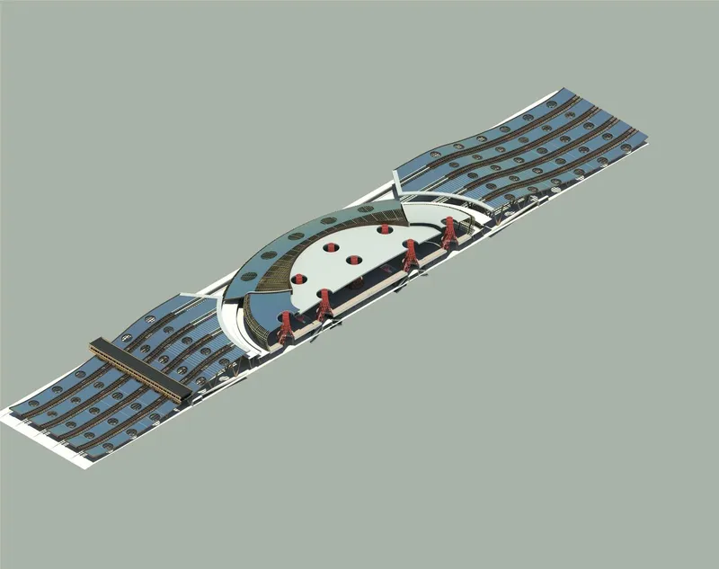 Sectional axonometric showing the domed volume with interior seating and skylights above
