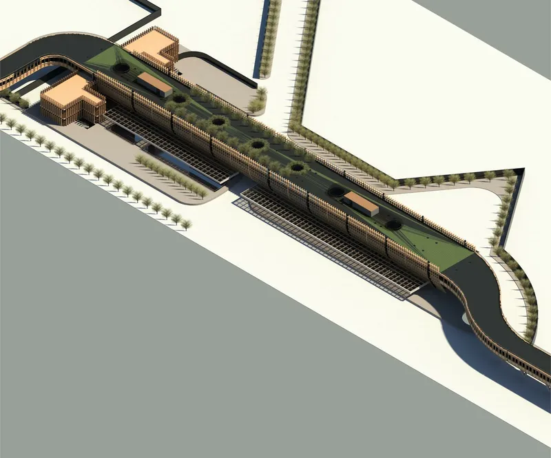 Axonometric drawing of linear buildings with green roofs and curved tower at one end