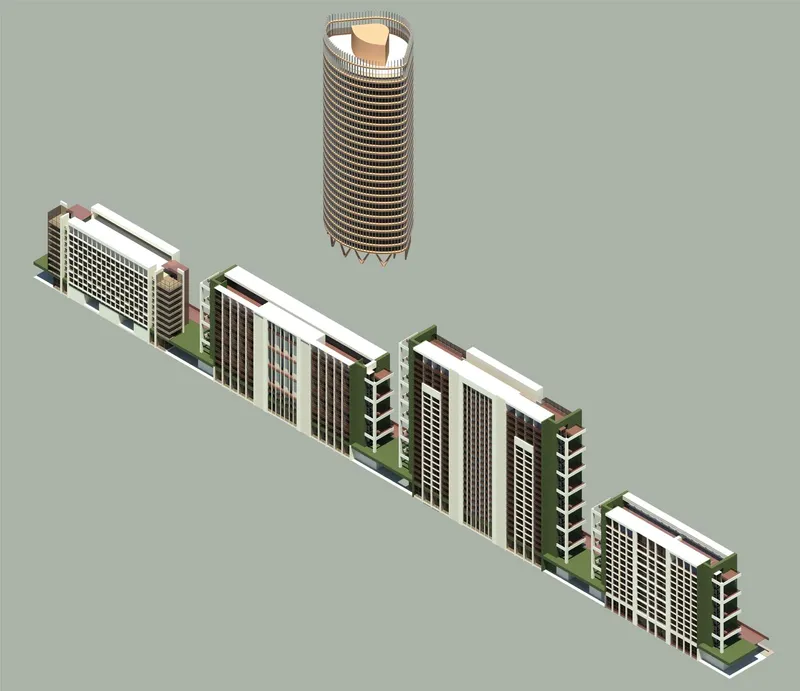 Axonometric drawing showing a cylindrical tower and linear residential blocks with green courtyards