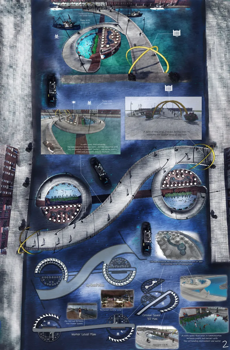 Composite presentation board with circular plan details and renderings of a waterfront bridge in daylight