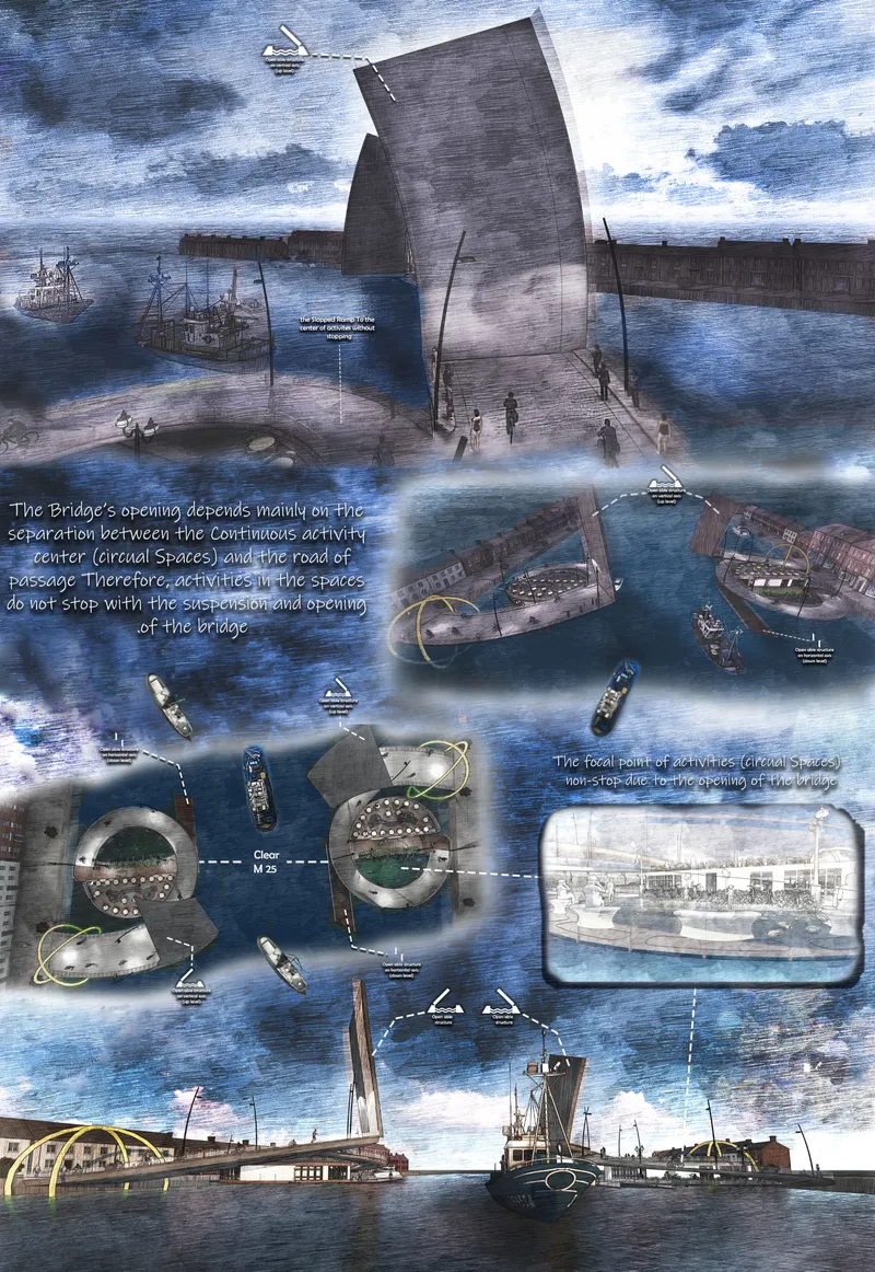 Rendering of a tilted concrete tower on a pedestrian bridge spanning water with boats and people