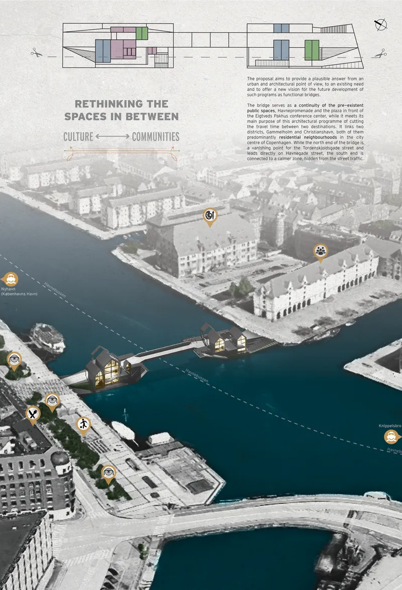Aerial site diagram showing waterfront development with bridgehouse locations marked along the harbor