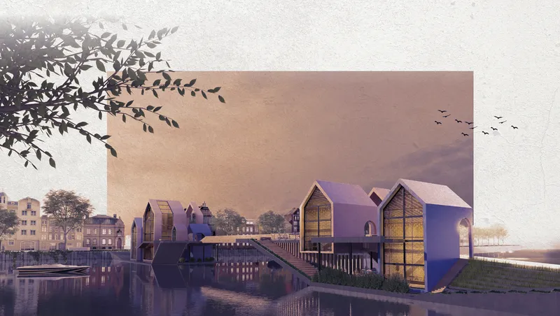 Rendering of gabled bridgehouse structures with glazed facades along the waterfront at dusk