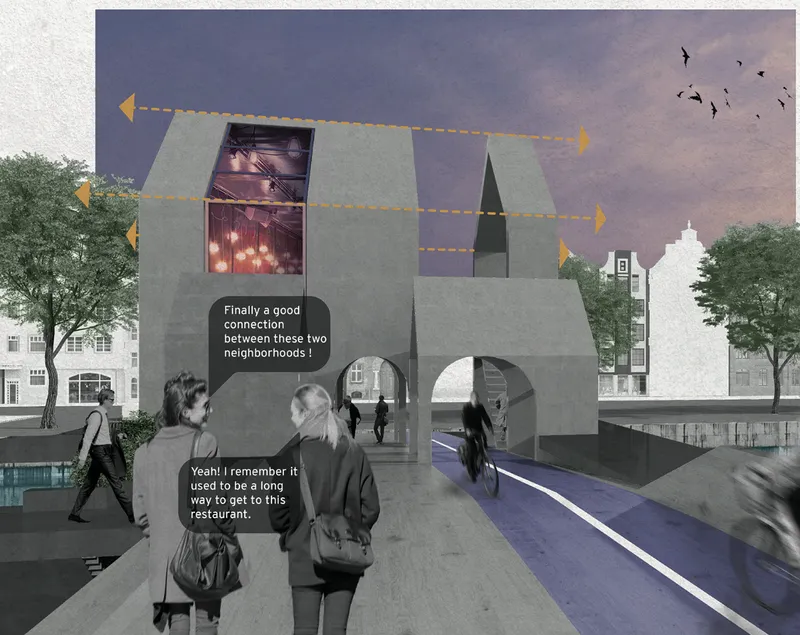Street view rendering of the bridgehouse entry with pedestrians and cyclists passing through