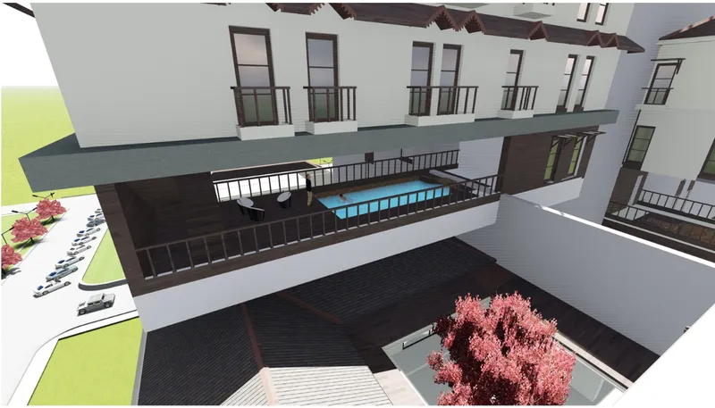 Upper-level terrace view showing a lap pool with dark timber decking and rows of balconies above